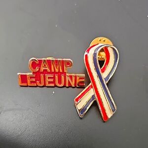 Camp Lejeune and red white and blue ribbon pins